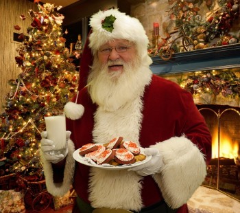 Santa-with-cookie-Christmas-tree-background